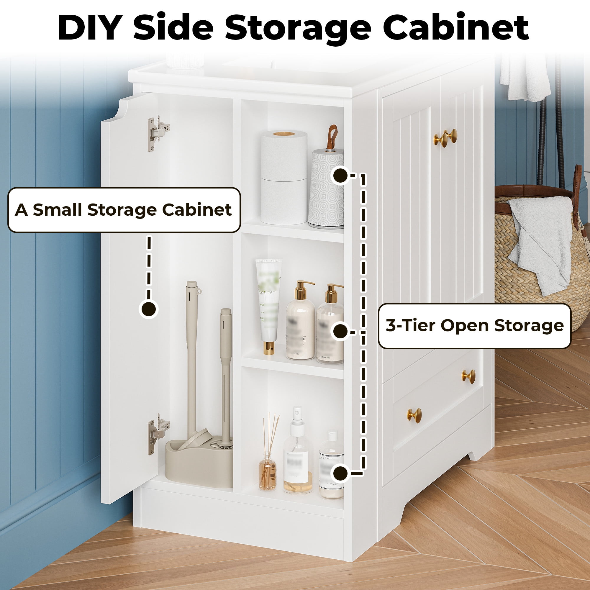 IRONCK 30" Bathroom Vanity with Ceramic Sink, Freestanding Bathroom Cabinet with Drawers, Doors and Side Storage, White