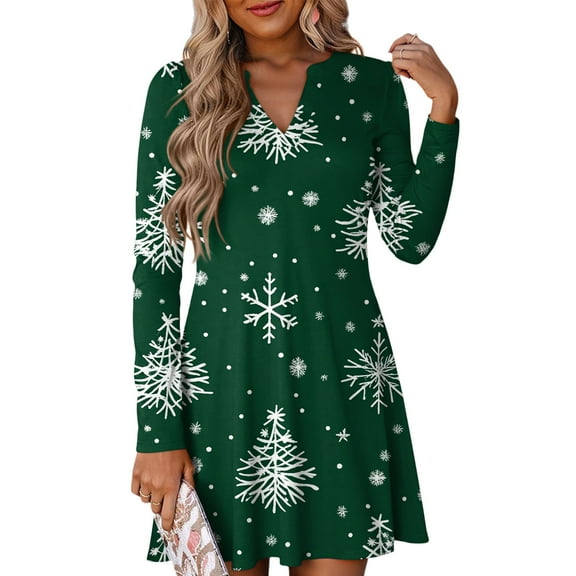WTOBBY Women's Christmas Print Dress V-Neck Loose Fit Long Sleeve Casual Holiday Party Dress with Festive Seasonal Design for Women,Army Green L