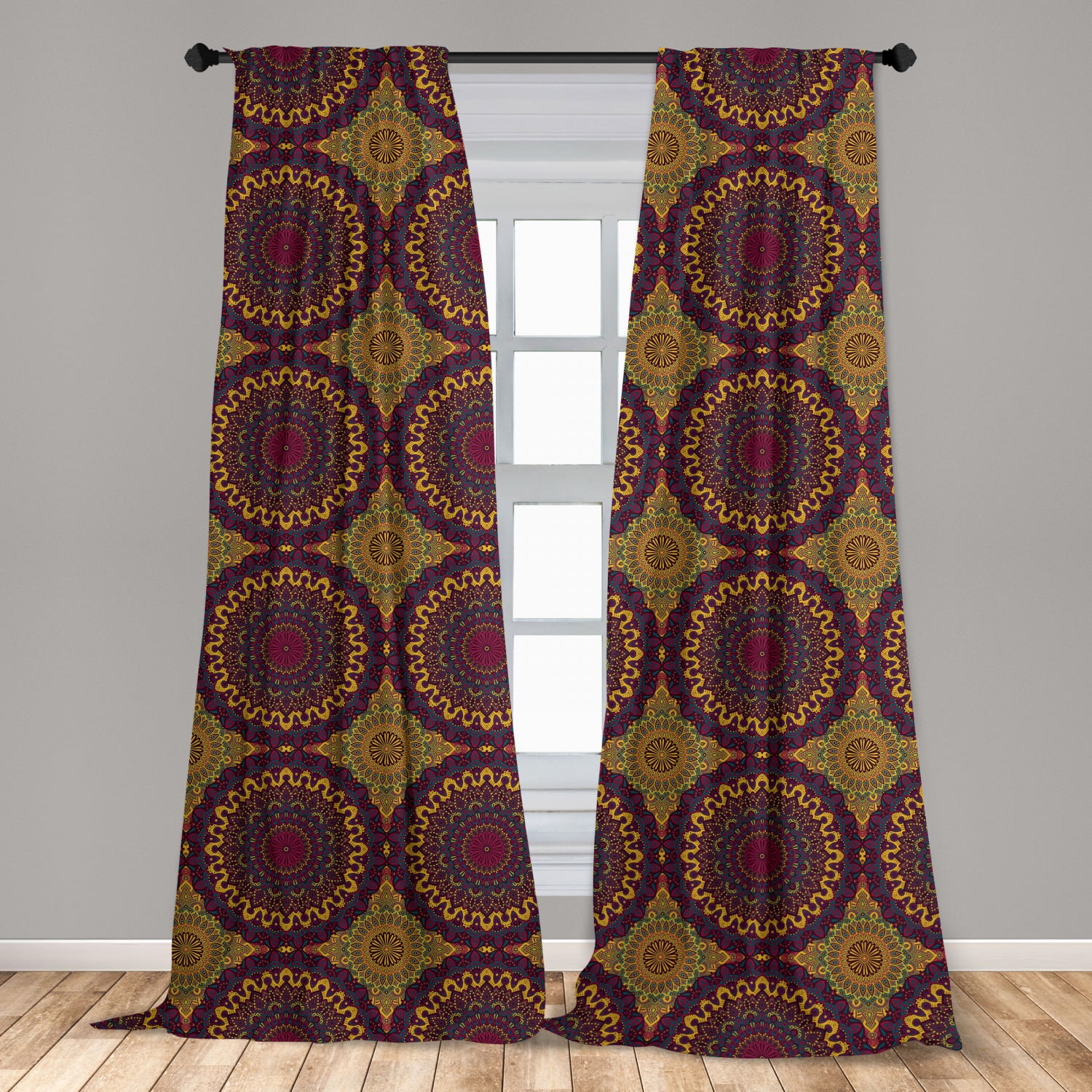 Moroccan Curtains 2 Panels Set, Oriental Art Style Mandala Motifs