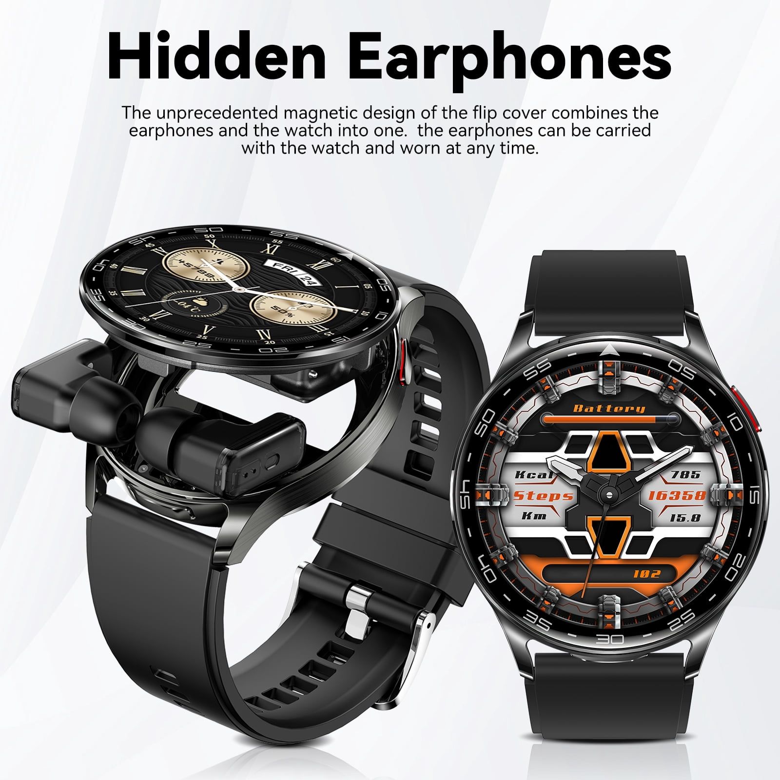JELLOO T97 Smart Watch for Men Women with Earbuds Bluetooth Call 1.39" HD Screen Outdoor Sports Smartwatch with 100+ Sport Modes IP67 Waterproof Compatible with iOS Android, 1pc