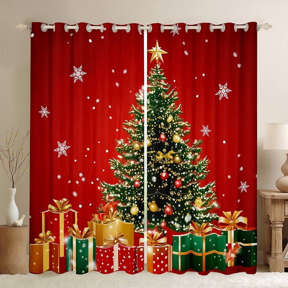 Homewish Chic Christmas Tree Black Out Curtains,Girls Xmas Gifts Curtains Pack of 2 (42x63 Each),Red Green Bedroom Curtains For Child,Luxury Bedroom Decor