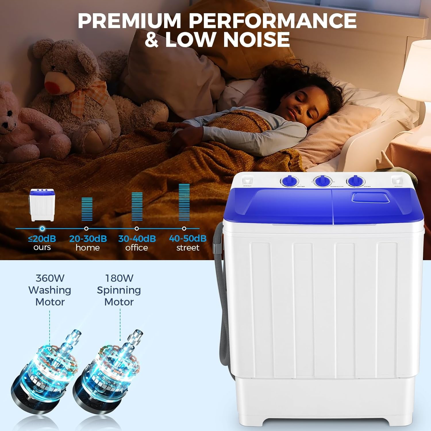 Adnoom 30lbs Washing Machine, 19lbs Washer/11lbs Spinner Combo Twin Tub Portable Washing Machine with Drain Pump, Blue&White
