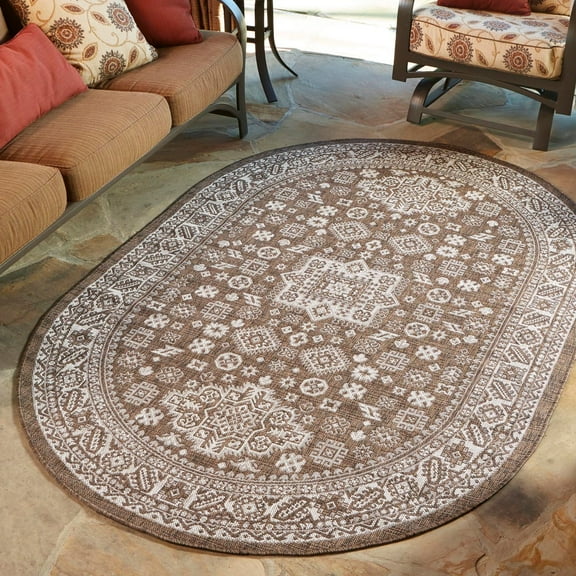 Unique Loom Outdoor Aztec Collection Area Rug - Chalca (3' 3" x 5' 3" Oval Brown/Ivory)