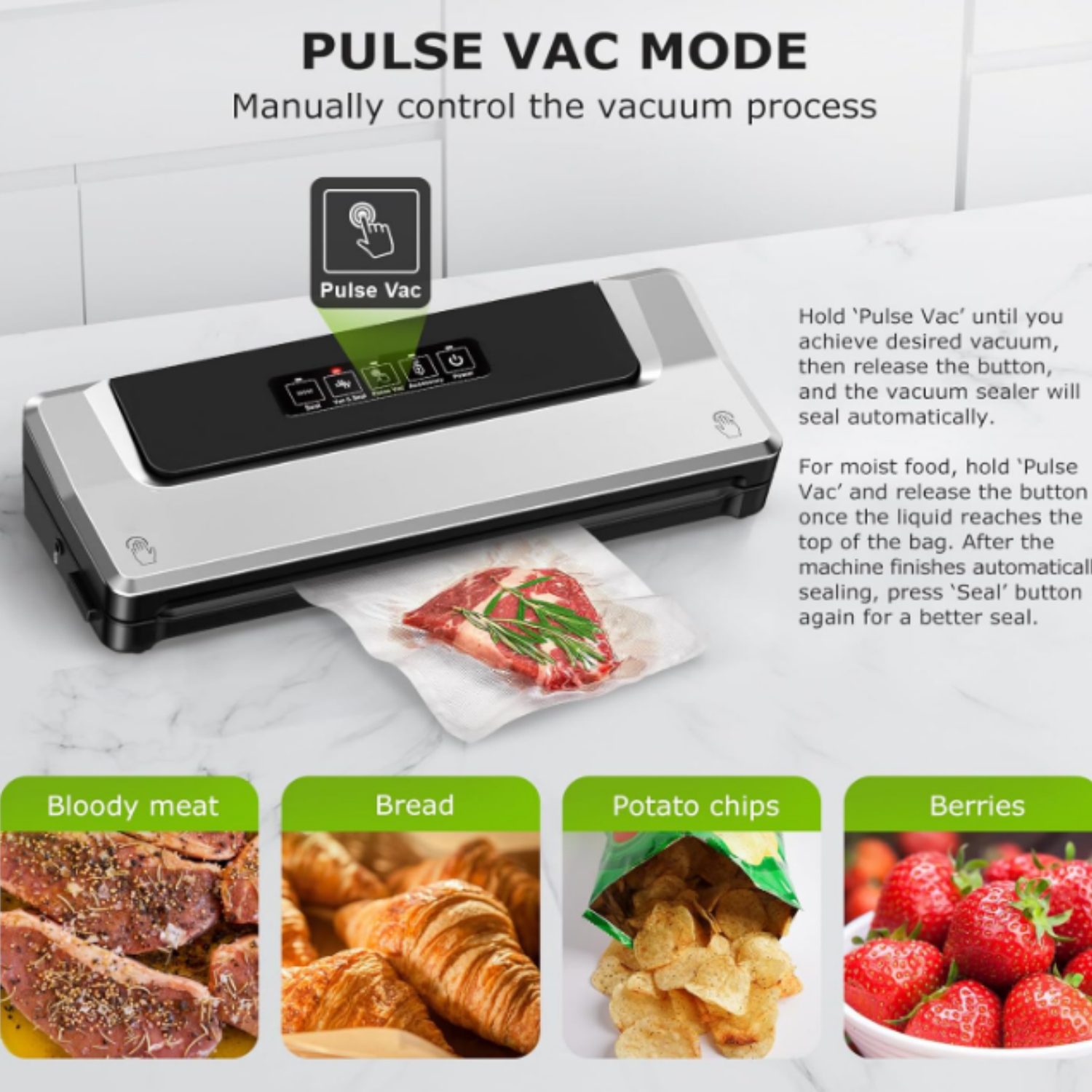 Vacuum Sealer Machine with Mason Jar Sealer Kit | Compact Food Sealer for Kitchen Storage & Meal Prep | Multiple Modes​​ | External Vacuum System & 40 Vacuum Bags, Silver