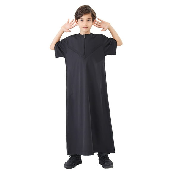 Long Sleeve Arabic Thobe Thobe, Teenage Boys Embroidered Arab Robe Black 5 Years-6 Years