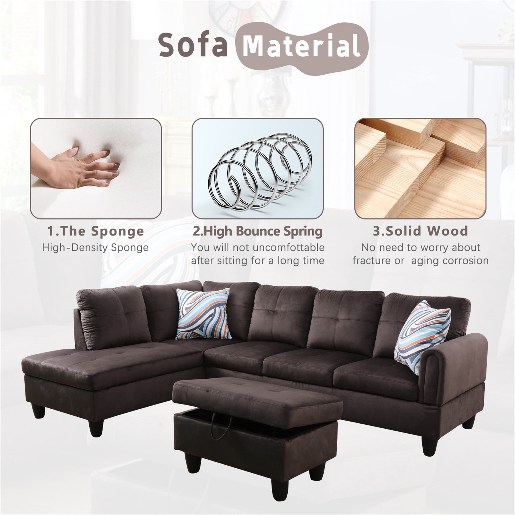 Aukfa Sectional Sofa, Living Room Couch with Storage Ottoman, Left Face Chaise, Flannel, Dark Brown
