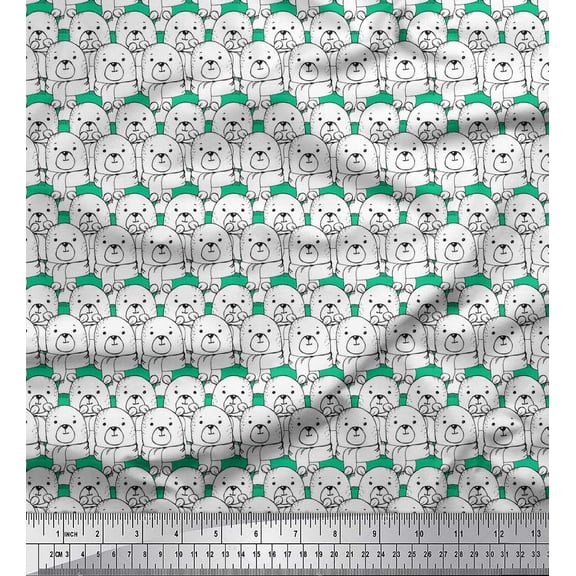 Soimoi Green polyester Crepe Fabric Teddy Bear Face Fabric Prints By Yard 42 Inch Wide