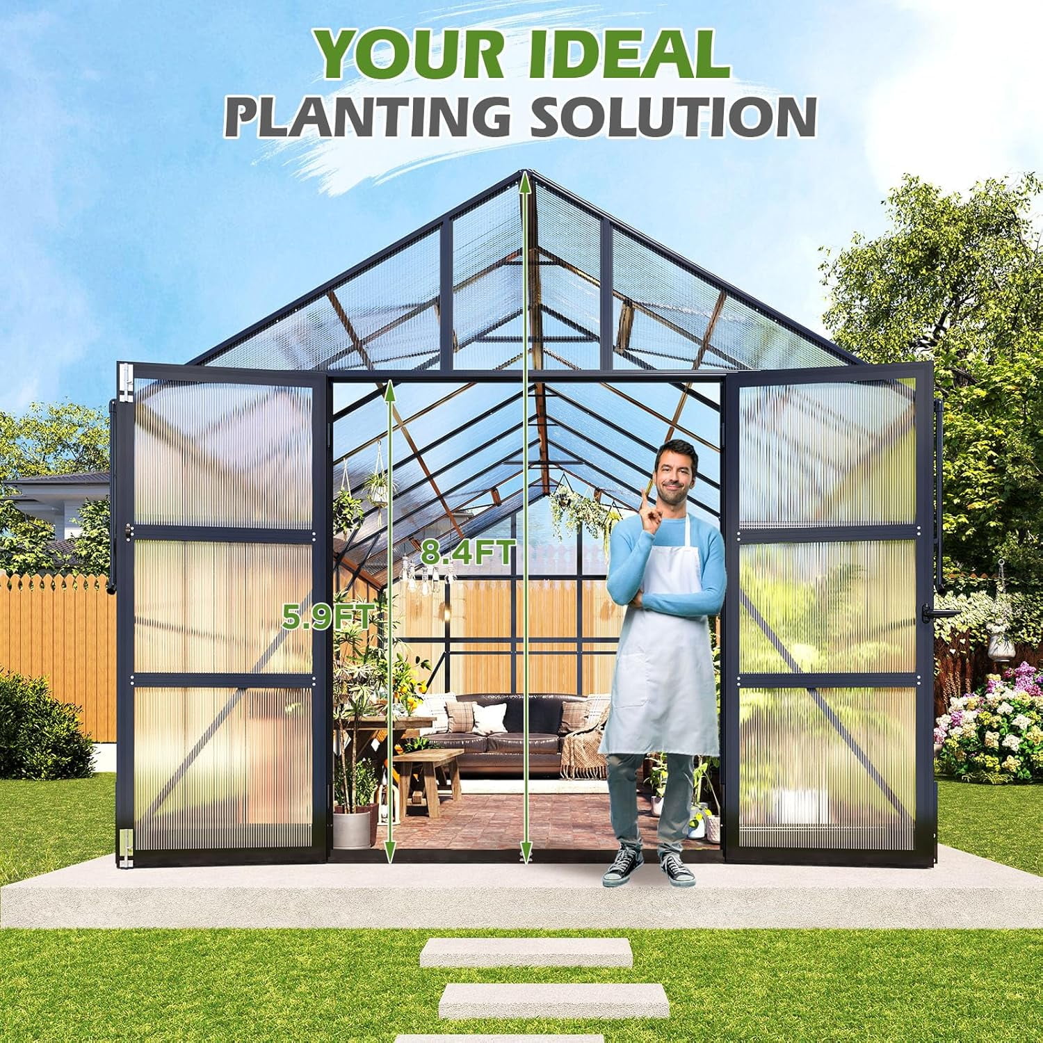 Jocisland 10x14 ft Polycarbonate Greenhouse with Rain Gutter & 4 Roof Vents, Heavy Duty Aluminum Greenhouse for Outdoor Garden Backyard, Black
