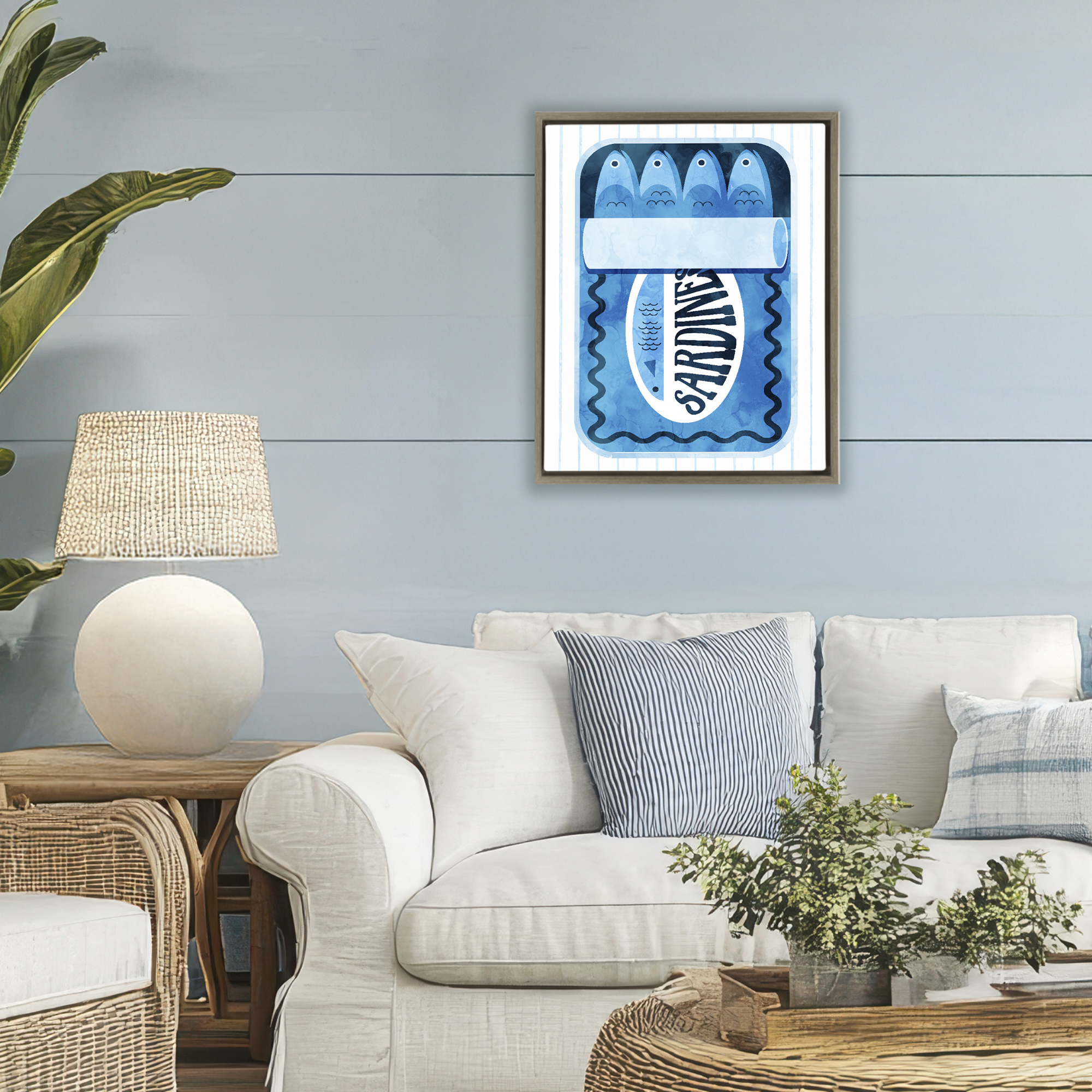 Blue Sardine Tin Over Stripes Brown Framed Floater Canvas Wall Art, design by Daphne Polselli