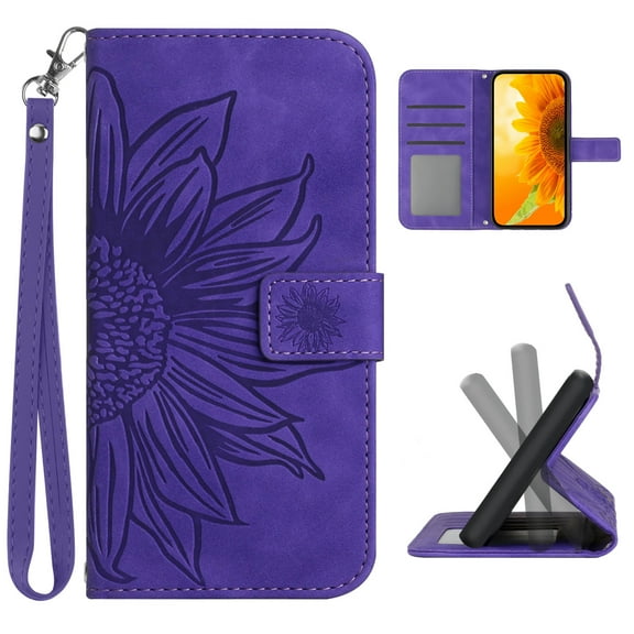 Cowithday Flip Wallet Cover Case for Samsung Galaxy S22 Plus 5G Phone, S22 TPU Case, PU Leather Embossed Sunflower Shockproof Kickstand Slim Magnetic Case for Samsung S22 Plus 5G 6.6 inch, Darkpurple