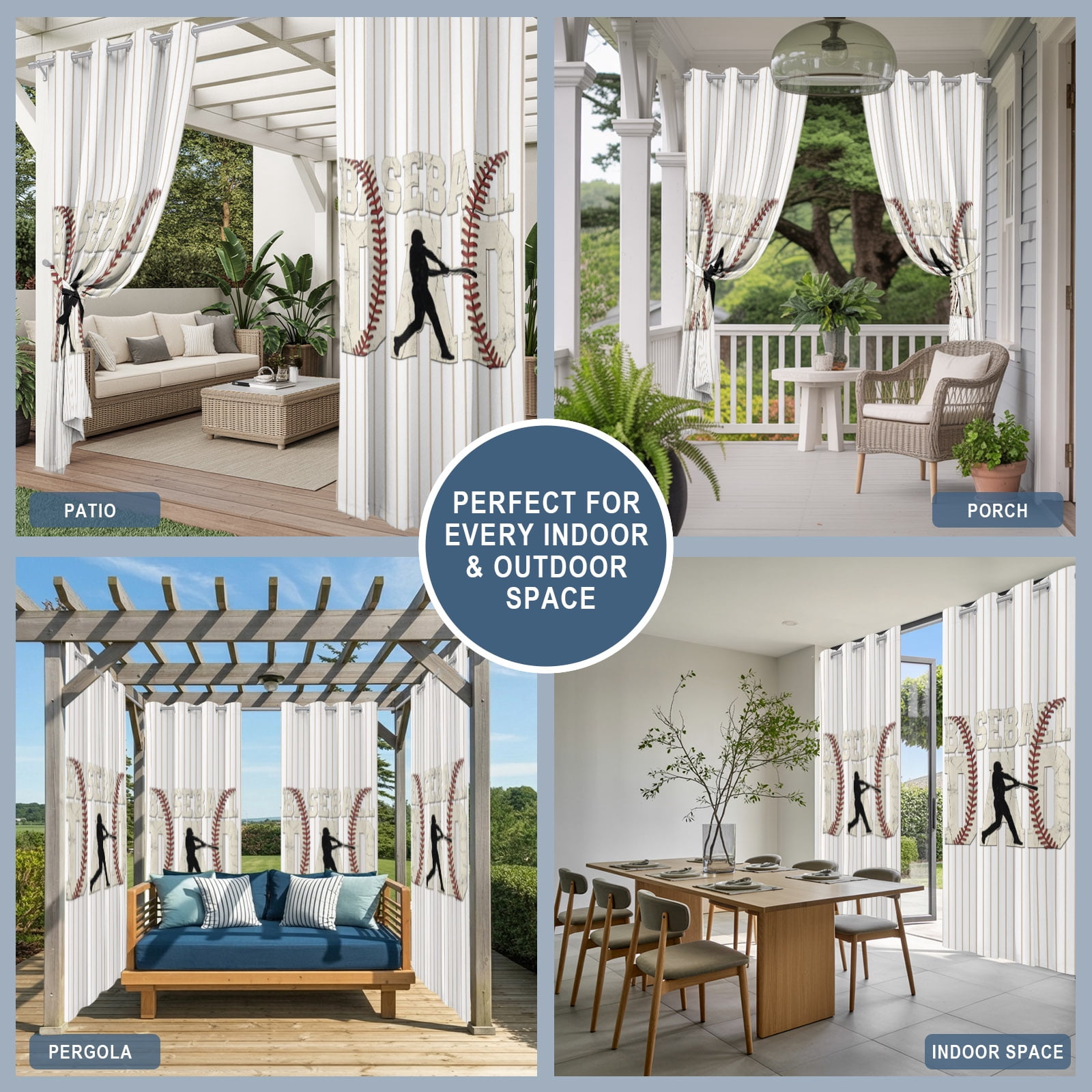 Baseball Dad Outdoor Curtains for Patio, Father's Day Strip Sport Sunshade Privacy Drapes Grommet Waterproof Outside Curtains for Porch/Cabana/Balcony 54"x 108", 1 Panel