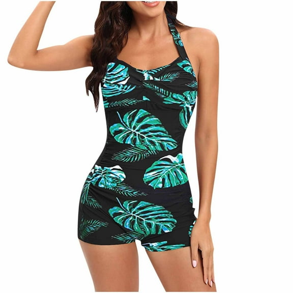 Xfvqtps One Piece Swimsuit for Women Halter Lace up Ruched Boyleg Leaf Print Backless Tummy Control Solid Color Retro Beach Summer Bathing Suit Swimwear Black