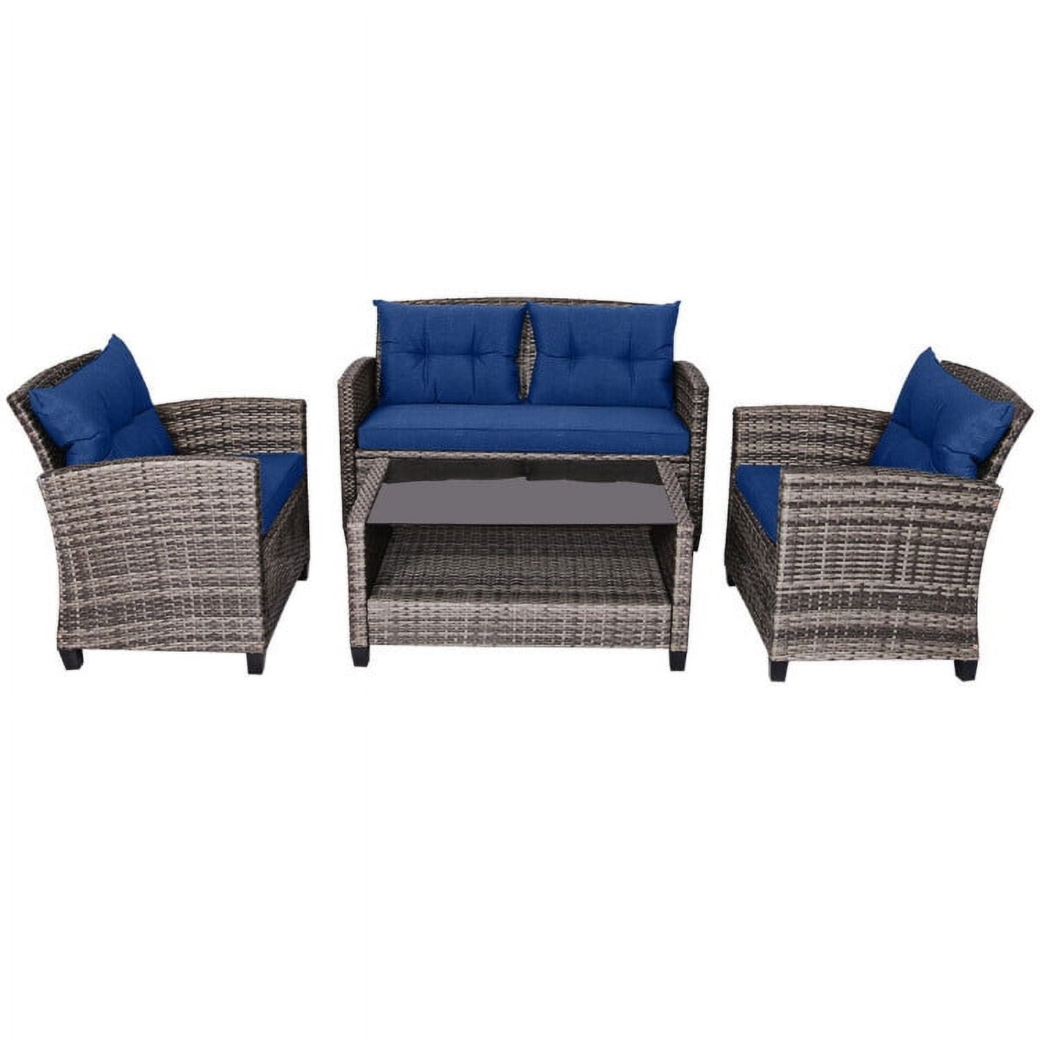 Aimee Lii 4 Pieces Wicker Patio Furniture Set, Coffee Table Cushioned Sofa, Modern Patio Furniture, Gray + Navy Aimee Lii 4 Pieces Wicker Patio Furniture Set, Coffee Table Cushioned Sofa, Modern Patio Furniture, Gray + Navy