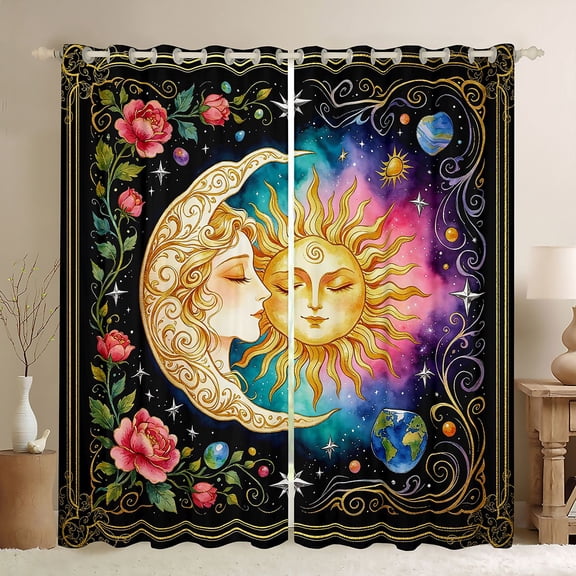 Homewish Boho Sun Moon Kitchen Curtains,Pink Purple Teal Gradient Galaxy Black Out Curtains Pack of 2 (42x63 Each)