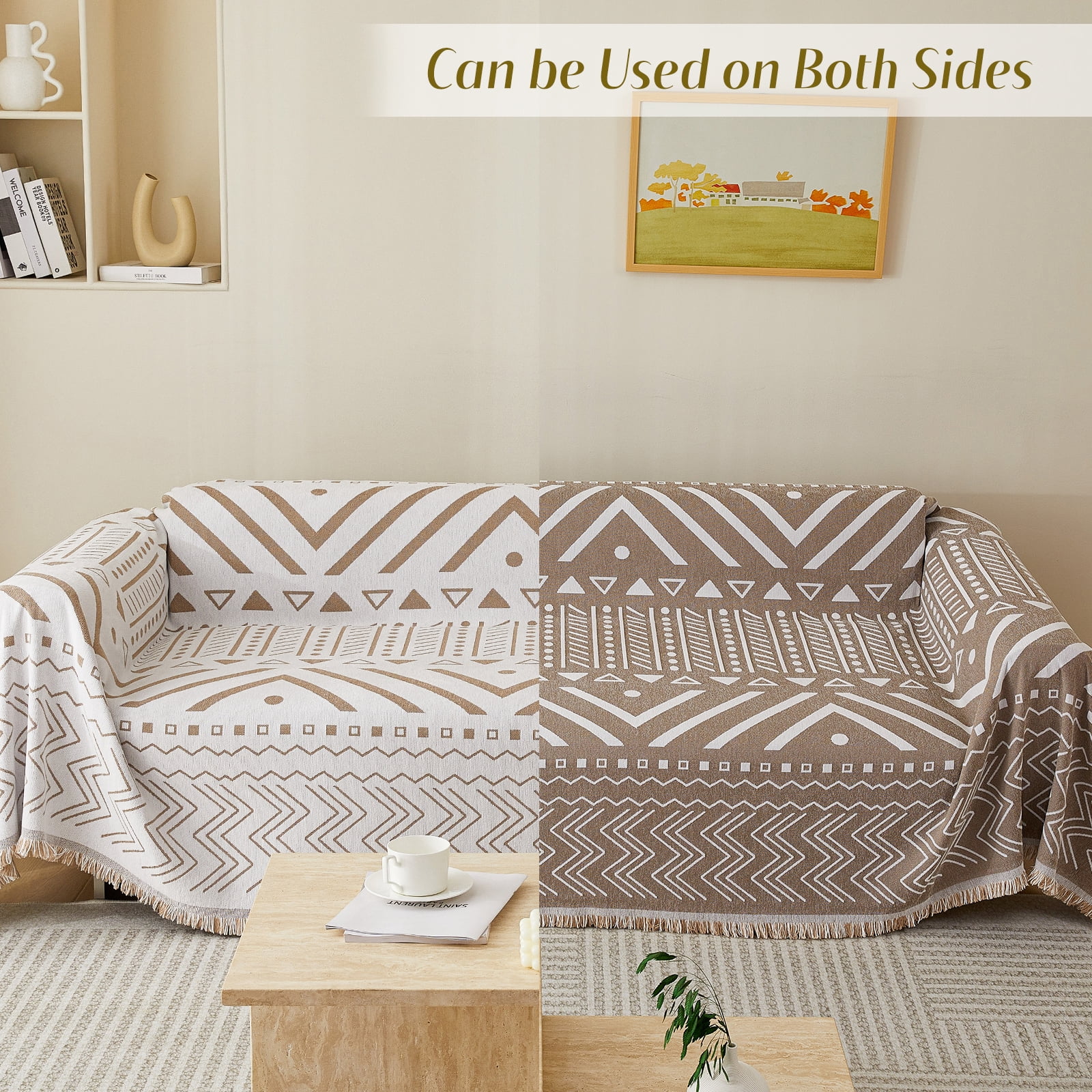 WOOW DEPOT Boho Chenille Sofa Cover Reversible w/ Tassel, Washable Throw Blanket L Shape Slipcover for 2 Cushion Couch, Taupe & White Geometric, 71"x118"