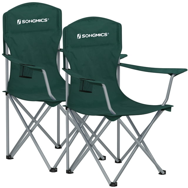 SONGMICS Silla de Camping, Juego de 2 Sillas de Exterior, Respaldo Alto, Apoyabrazos, Bolsillo para Tazas, Portátil, Plegable, Carga de 330 lbs, Acampada, Jardín, Pesca, Terraza, Verde Oscuro