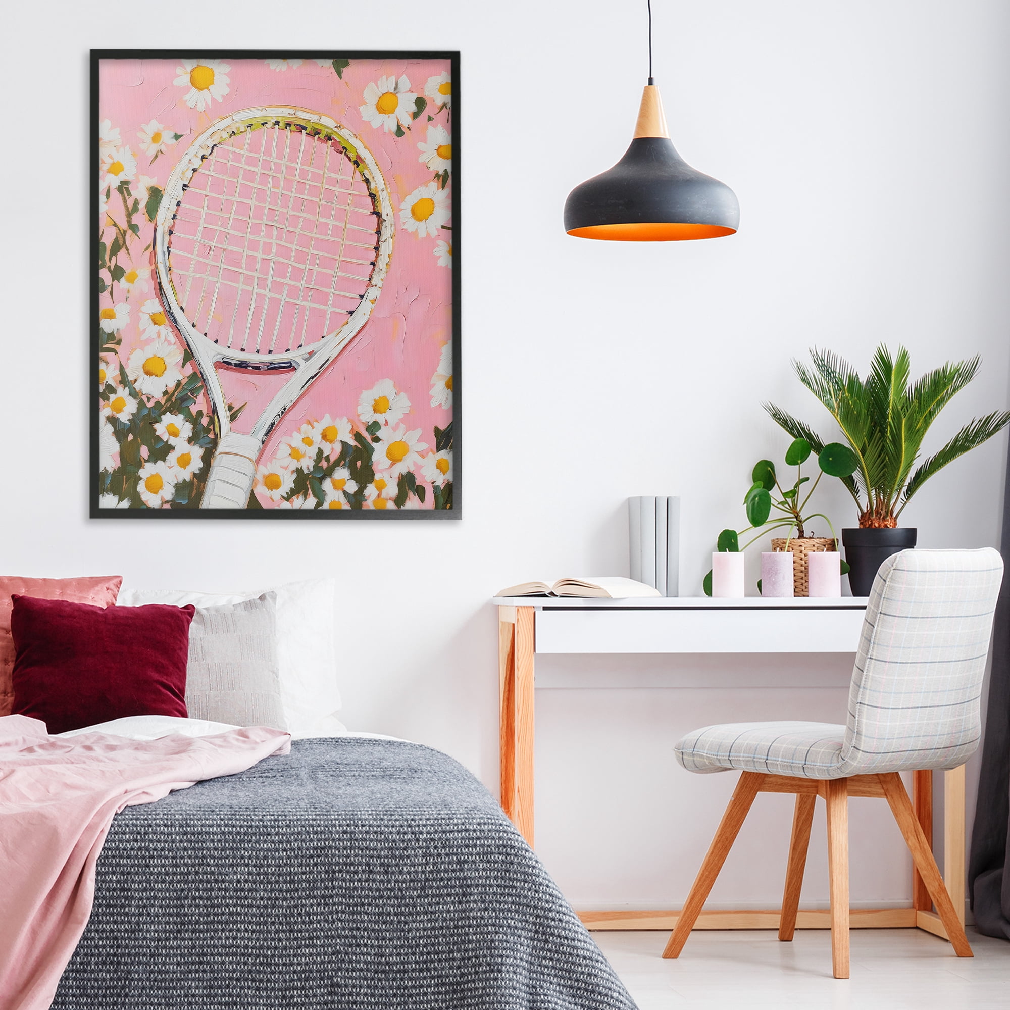 Stupell Industries Pink Tennis Racket & Daisies Black Framed Giclee Art, design by LSR Design Studio