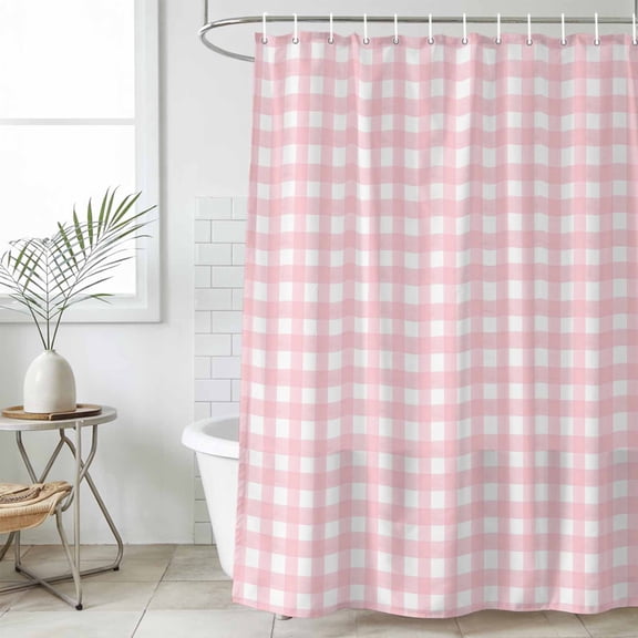 Pink Buffalo Plaid Shower Curtain, Waterproof Shower Curtains for Bathroom, Farmhouse Pink White Checkered Washable Fabric Cloth Bathroom Curtain Set Bathtub Decor with Hook 60''x72''
