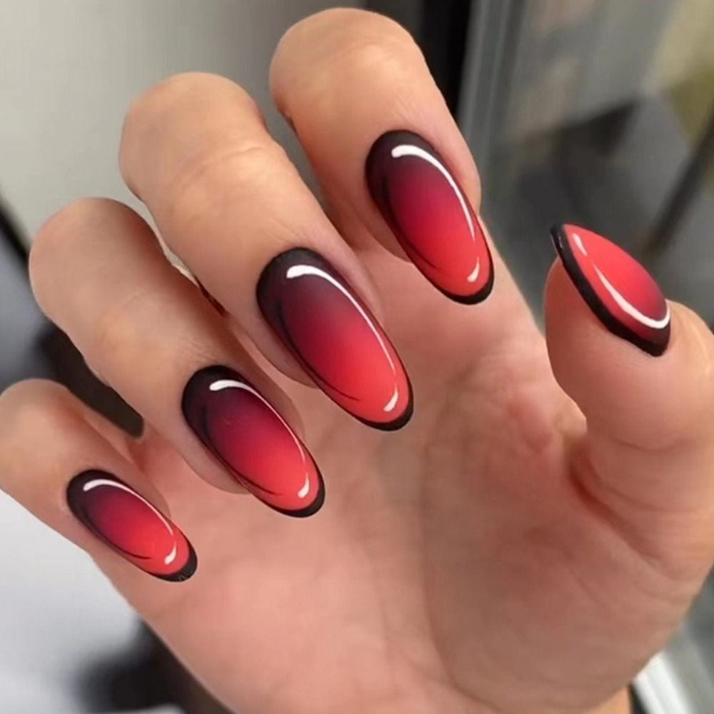 24pcs Manicure Fake Nials Glitter Gradient Red Black DIY French Comic Nails  Long Almond False Nails W265 