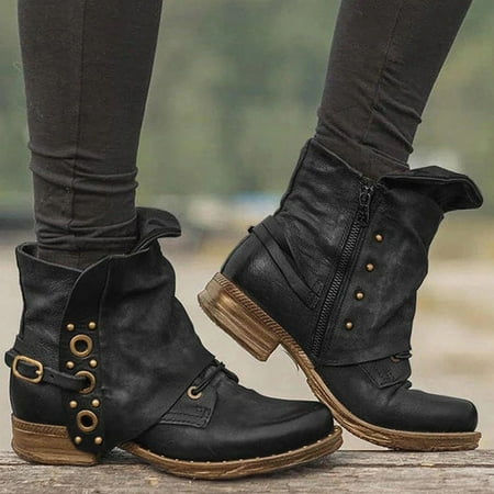 

SQUARE HEAD Women Leather Buckle Boots Heel Boots Large Size Side Zipper Casual Shoes Black 41