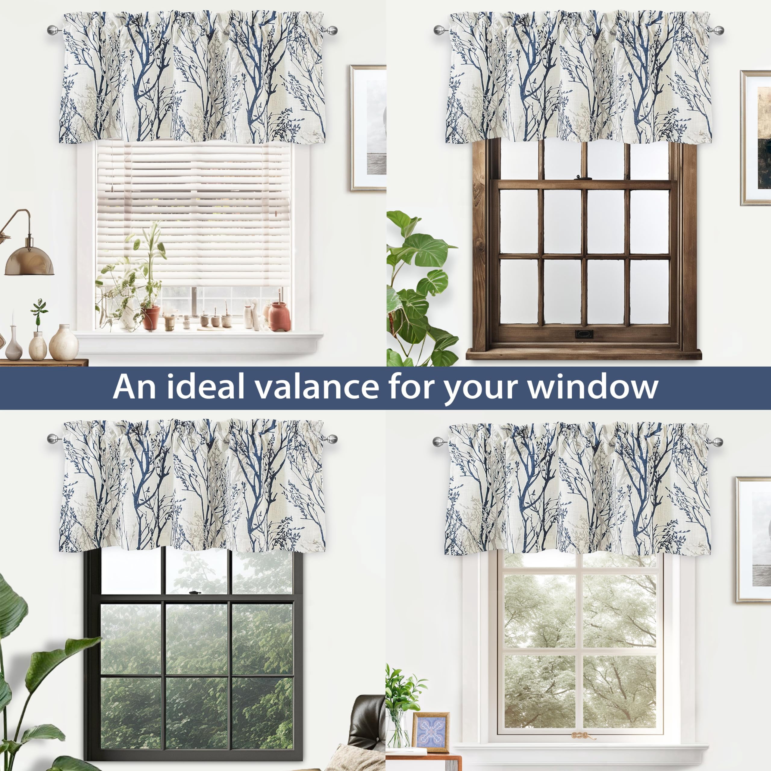 DriftAway Tree Branch Linen Blend Abstract Ink Printing Lined Thermal Insulated Window Curtain Valance Rod Pocket 52 Inch by 18 Inch Plus 2 Inch Header Blue