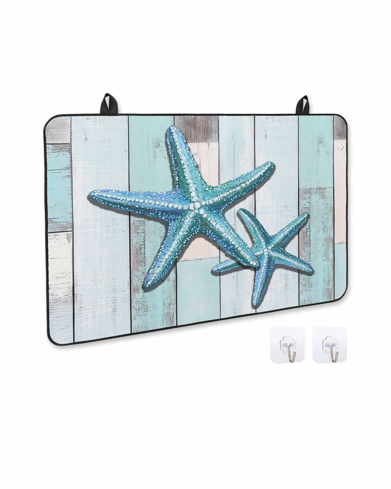 nqOlkjepod Large Induction Cooktop Protector Mat 24"x21", Teal Blue Starfish Stove Top Covers for Electric Stove, Summer Beach Coastal Retro Wooden Stove Burner Cover Mats, Glass Top Stove Cover