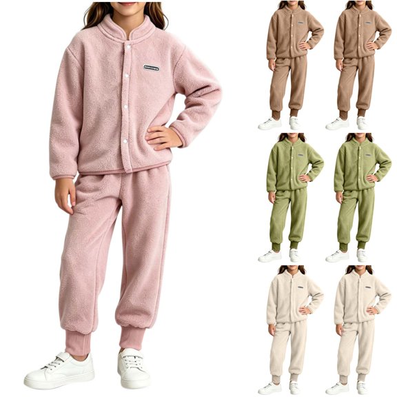 Acaics Girls' 2 Piece Fleece Tracksuit Set: Stand Collar Button Up Long Sleeve Jogger Outfit, Warm Loungewear for Girls Ages 1–10