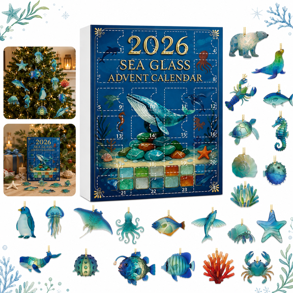2026 Sea-Glass-Inspired Advent Calendar, 24-Day Christmas Countdown with 24 Flat Acrylic Sea Creature Hanging Ornaments, Gift Box