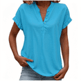 thumbnail image 3 of DENGDENG Linen Shirts for Women Short Sleeve V Neck Casual Blouses Summer Breathable Tee Shirts Vacation Fashion Clothes, #03 Blue 3XL, 3 of 7