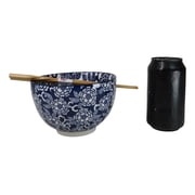 Blue Botanica Floral Blossoms 20Oz Donburi Ramen Soup Bowl With Chopsticks Set
