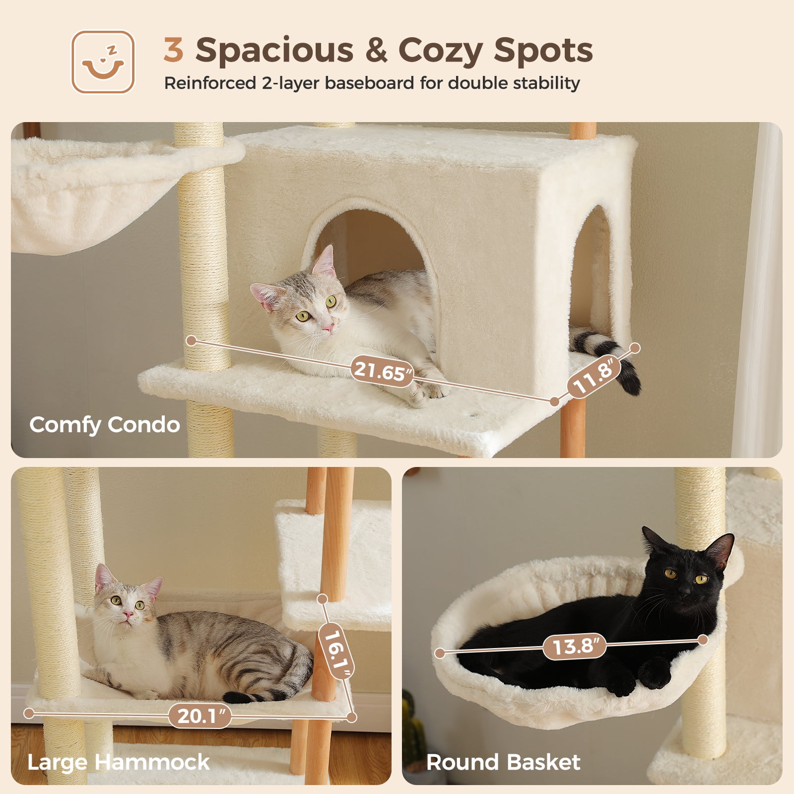Pefilos 73" Tall Cat Tree Tower with 2 Hammocks, 2 Top Beds, 8 Fully Scratching Posts and Natural Wood Posts for Indoor Cats, Beige
