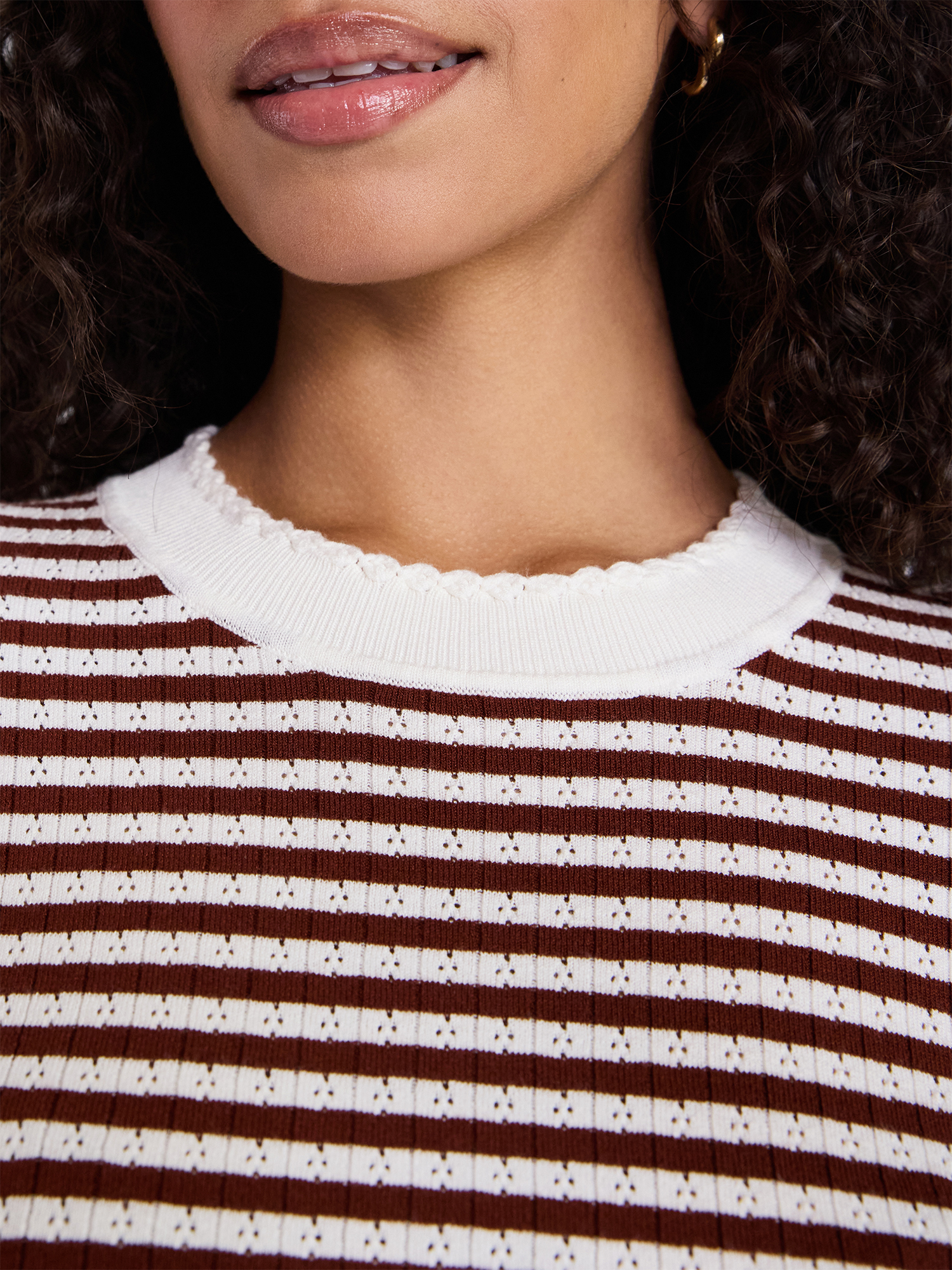 Time and Tru Women's Stripe Pointelle Rib Sweater with Short Sleeves, Lightweight, Sizes XS-XXXL