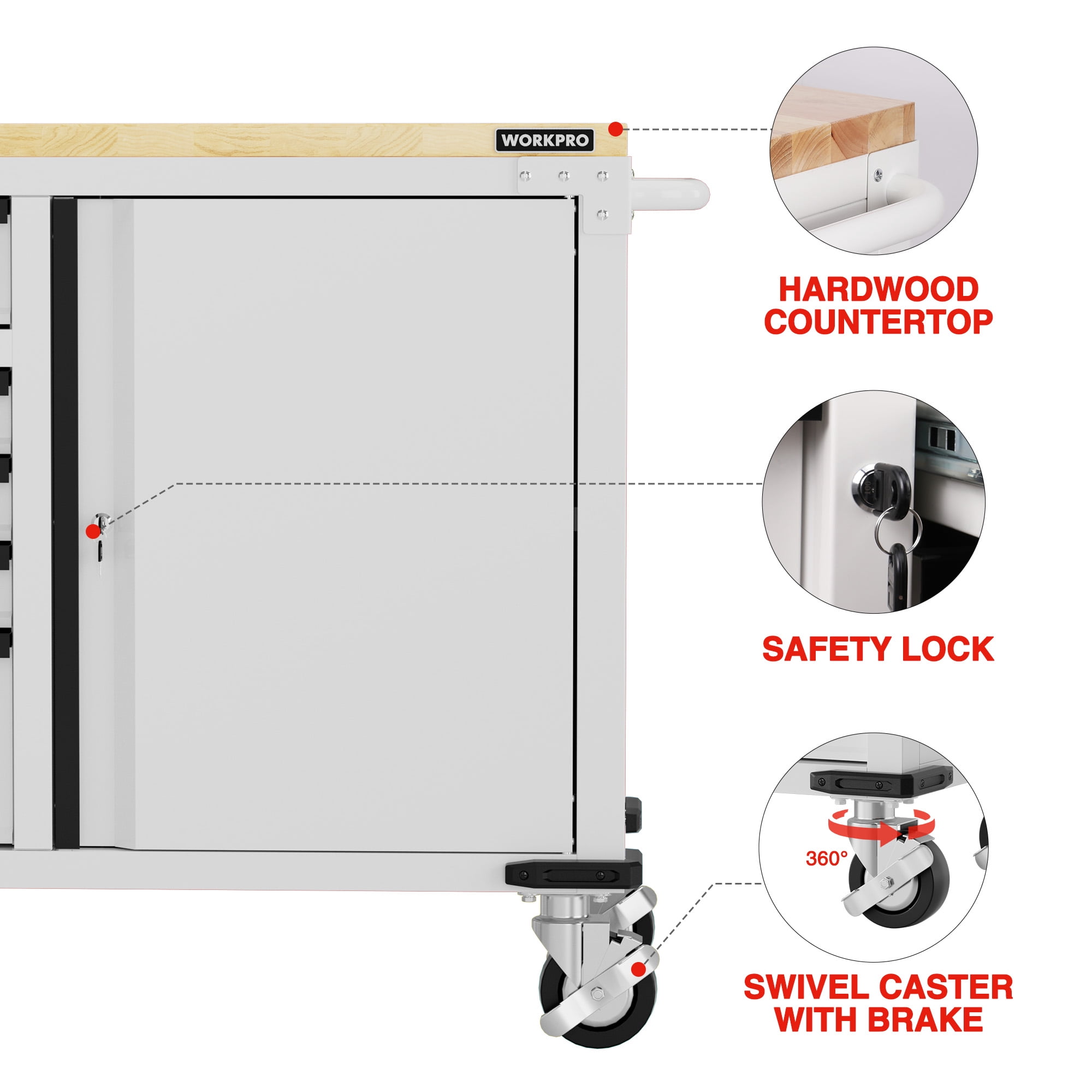 WORKPRO 72" x 22" Rolling Tool Cabinet, 9-Drawer & 1-Door, 1500 LBS Capacity Tool Chest with Wooden Workbench, Adjustable Shelves, Locking System and 6 Swivel Casters