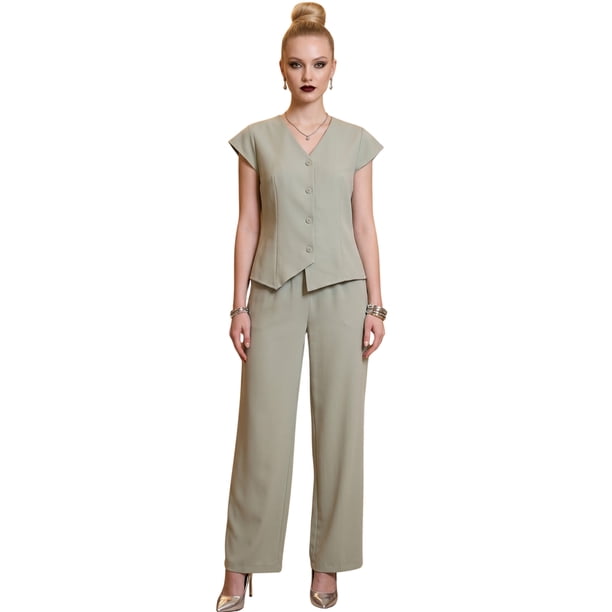 Conjunto 2 Piezas Elegante, Chaleco con Botones y Pantalón de Pierna Amplia, Look Sofisticado para Mujer