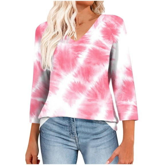 CYMMPU Women's Basic Tees Tunic Tops Vintage V-Neck Business Work Blouses Floral Printed 3/4 Length Sleeve Swing Shirts Summer Fall 2025 Clothes Pink L