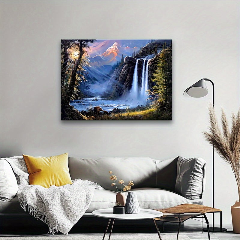 1pc Framed Waterfall Landscape Canvas Art Print - Elegant Classic Art Deco Style, Vibrant Ink on Canvas, Horizontal Wall Decor for Living Room, Bedroom, Office - Spring & Autumn Nature Scene,