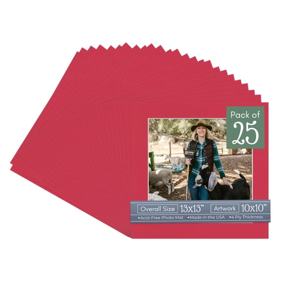 Deep Red Picture Frame Mat for 13x13 Frames - Fits 10x10 Photos - 25 Mats