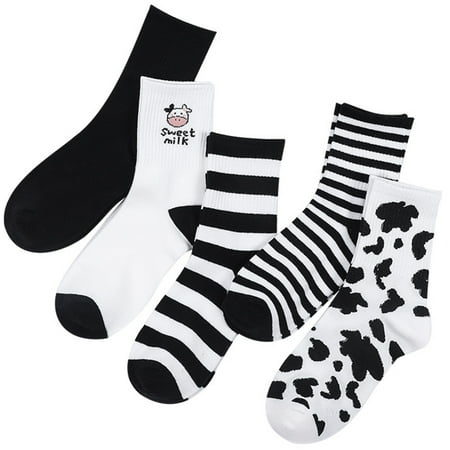 

5 Pairs Women Girl Cow Printed Crew Socks Harajuku Japanese Striped Cartoon Sock