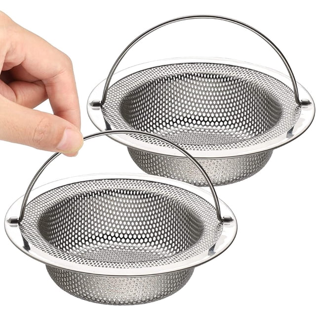 Juego de 2 coladores para fregadero de cocina, colador de desagüe de acero inoxidable con mango elevable, diámetro exterior 11 cm x altura 2 cm