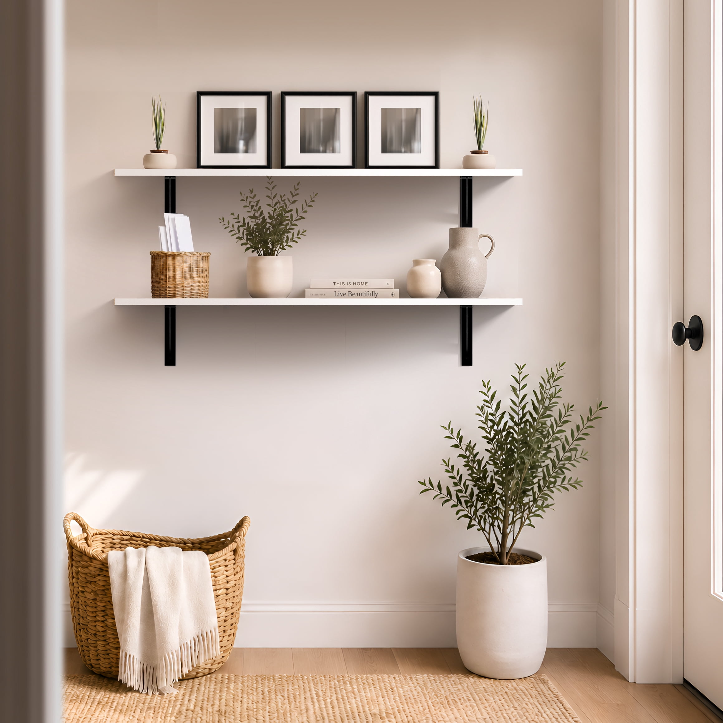 Sorbus 47.3 in Wood Wall Shelves with Black Metal Brackets, White, 2-Piece Set