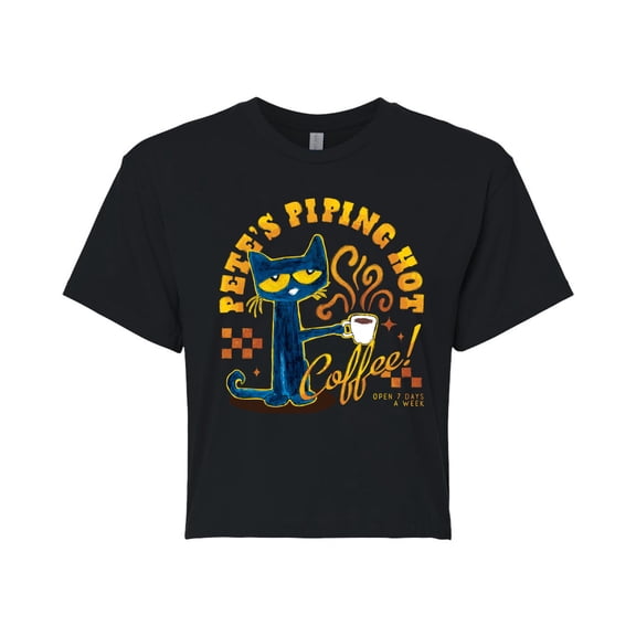Pete The Cat - Piping Hot Coffee - Juniors Cropped Graphic T-Shirt
