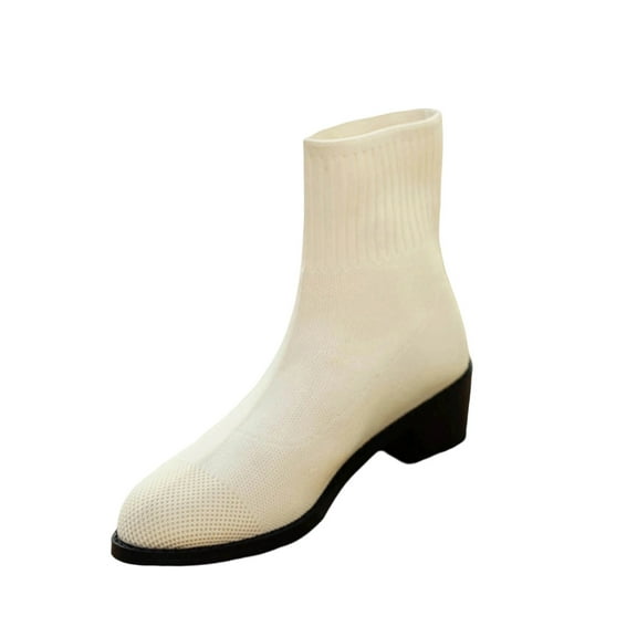 Beige Women Flying Woven Chunky Heel Short Boots Autumn Winter Leisure Shoes With Thick Sole And Comfort Fit