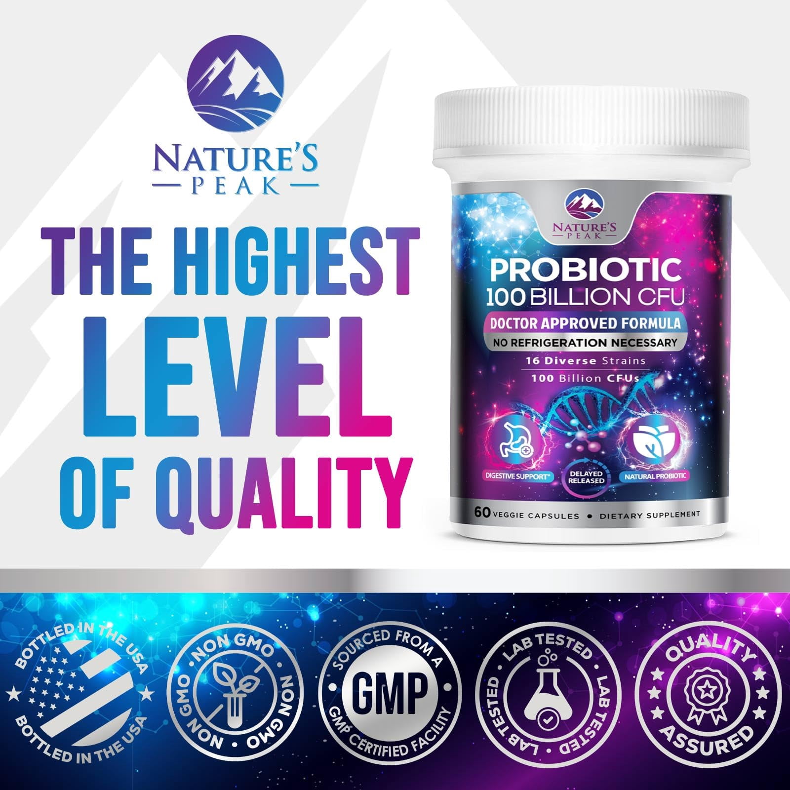 Probiotics for Digestive Gut Health - 100 Billion CFU Per Capsule, 16 Premium Strains & Prebiotics - Best Probiotics for Women & Men, Occasional Constipation, Gas, Immune Health Support - 60 Capsules