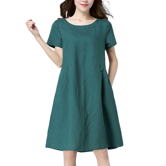ZHOGXU Women's Dress Short Sleeve Round Neck Solid Color Fashion Comfortable Loose Fit Mini Dresses For Casual Daily Wear,Green,L