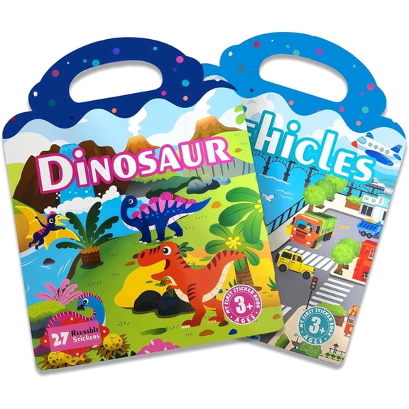 ACGROW 2 Sets Reusable Sticker Book for Kids, Puffy Jelly Stickers for Toddlers, Travel Essentials Craft Activities Toys for Boys Birthday Gifts - Dinosaur & Vehicles