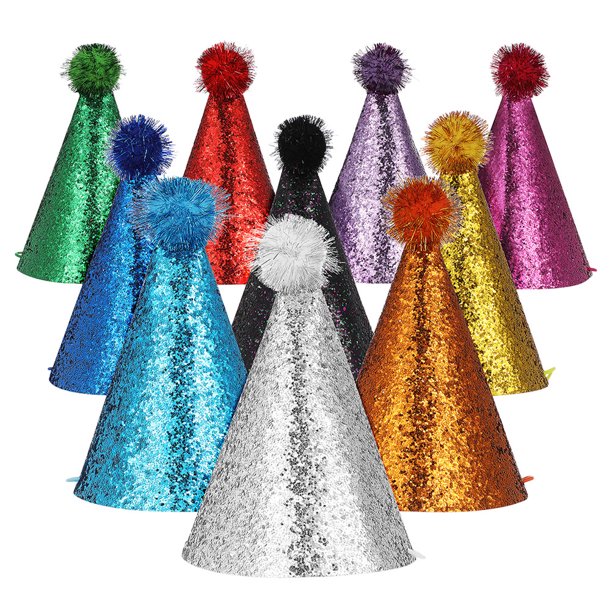 KAKOWELY 10 gorros brillantes para fiesta de cumpleaños, gorros cónicos brillantes para niños, gorros reutilizables de colores para baby showers, bodas y celebraciones festivas.