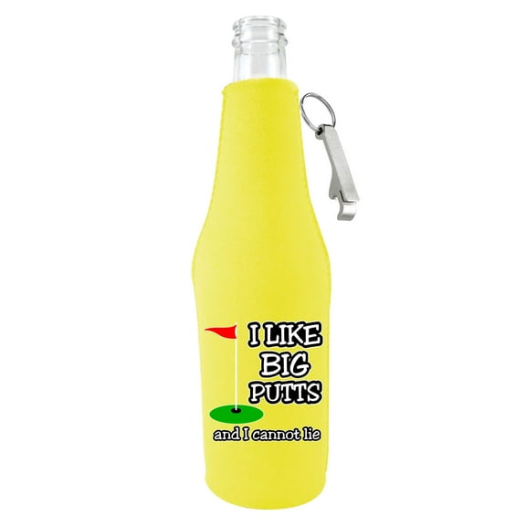 I Like Big Putts and I Cannot Lie Beer Bottle Coolie (Yellow with Opener)