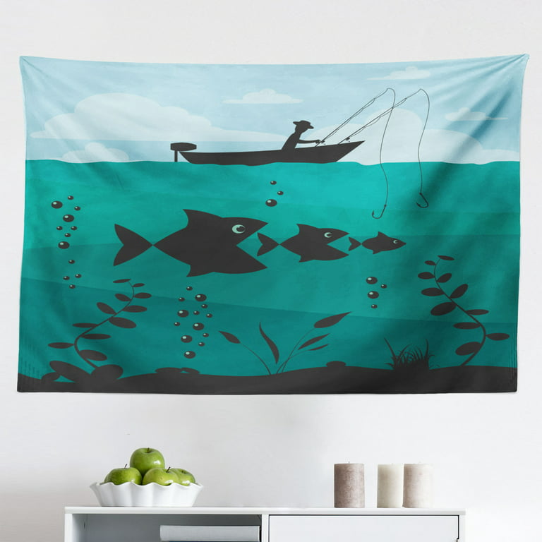 Ambesonne Fishing Tapestry, Big Fish Eats Little Small in Bubbles Underwater Ocean Symbolic Food Theme, Fabric Wall Hanging Decor for Bedroom Living Room Dorm