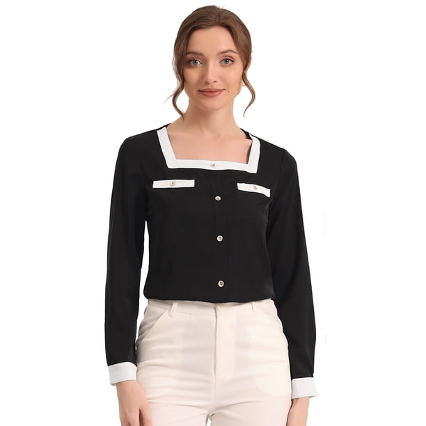 Blusa de cuello cuadrado elegante de manga larga de color de contraste de camisa de trabajo para mujer Negro M