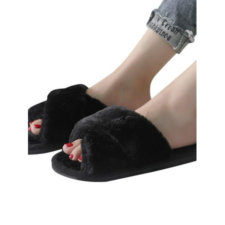 

MarinaVida Women s Cross Band Slippers Plush Open Toe House Shoes Indoor Outdoor Slip On Slippers